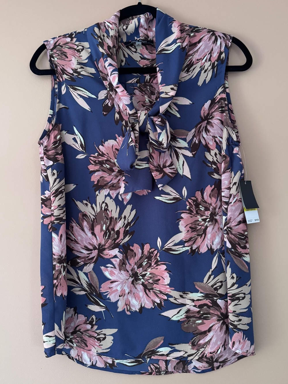 Nine West Blue Floral Tie-Neck Sleeveless Blouse